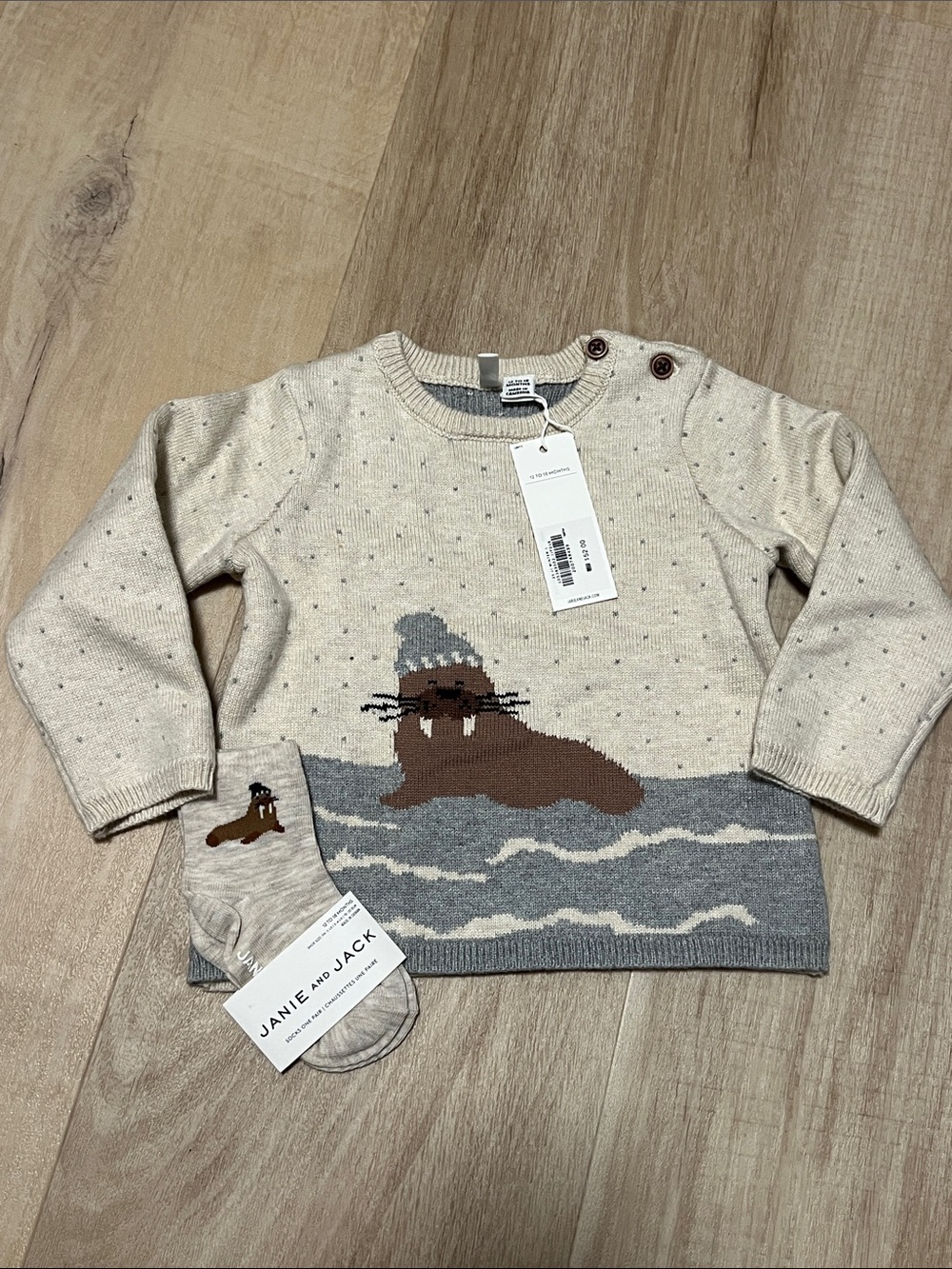 Janie and Jack Cream Walrus Knit Sweater & Socks for 12-18 Months